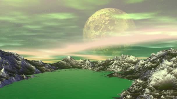 Fantasy Alien Planet Mountain Water Animation Panorama — Stock Video