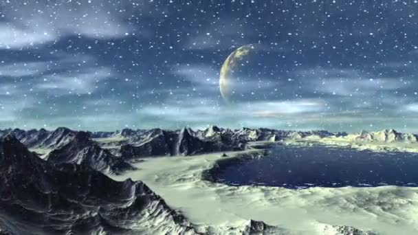Εξωγήινο Πλανήτη Φαντασίας Βουνό Και Νερό Κινούμενα Σχέδια Πανόραμα — Αρχείο Βίντεο