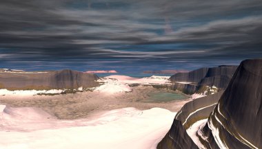 Fantezi uzaylı gezegenine. Dağ ve su. 3D çizim