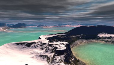Fantezi uzaylı gezegenine. Dağ ve su. 3D çizim