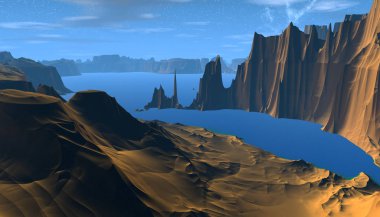 Fantezi uzaylı gezegenine. Dağ ve su. 3D çizim