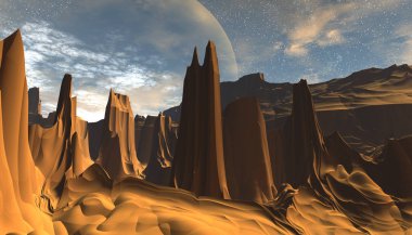 Fantezi uzaylı gezegeni. Dağ. 3B illüstrasyon