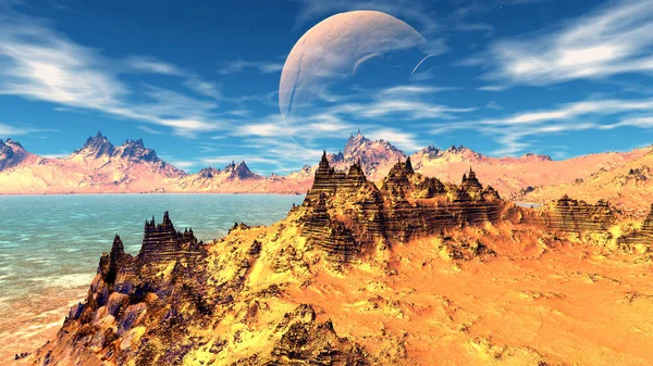 Fantasie Außerirdischer Planet Berg Und Wasser Illustration — Stockfoto