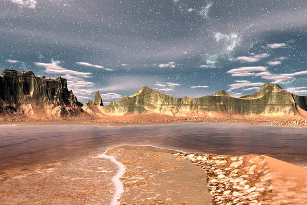 Fantasy alien planet. Mountain and water. 3D illustration