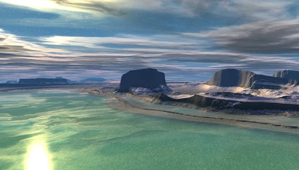 Фантазія Інопланетної Планети Гора Вода Ілюстрація — стокове фото