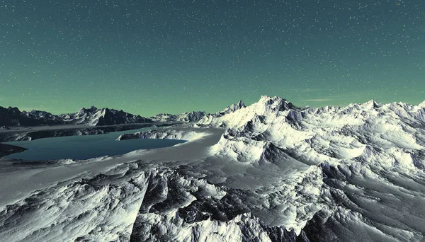 ファンタジー エイリアンの惑星 山と水 イラストレーション — ストック写真