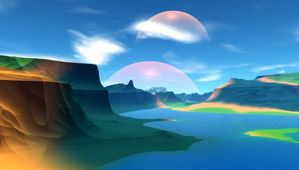 幻想外星星球山和水 — 图库照片