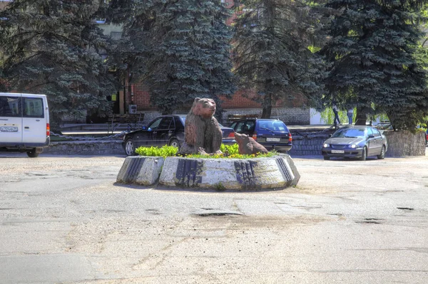 Neman Russia 2018 Scultura Orsetto Con Cucciolo Orso Victory Street — Foto Stock