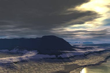 Fantezi uzaylı gezegenine. Dağ ve su. 3D çizim