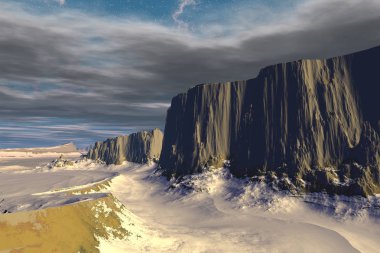 Fantezi uzaylı gezegenine. Kayalar ve gökyüzü. 3D çizim 