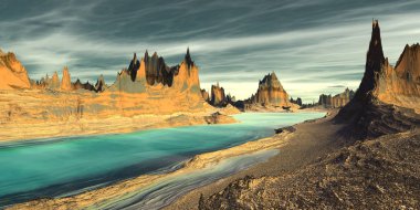 Fantezi uzaylı gezegenine. Dağ ve su. 3D çizim
