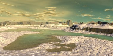 Fantezi uzaylı gezegenine. Dağ ve su. 3D çizim