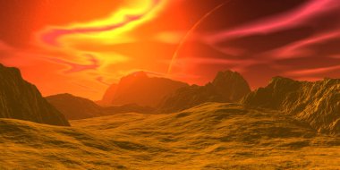 Fantezi uzaylı gezegenine. Kayalar ve gökyüzü. 3D çizim 