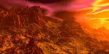 Fantezi uzaylı gezegenine. Kayalar ve gökyüzü. 3D çizim 