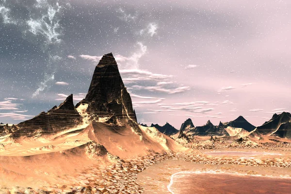 Fantasy Alien Planet Mountain Water Illustration — Stock Photo, Image