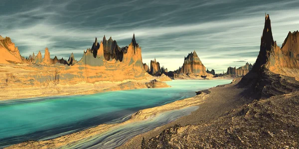 Fantasy Obcej Planety Góry Woda Ilustracja — Zdjęcie stockowe