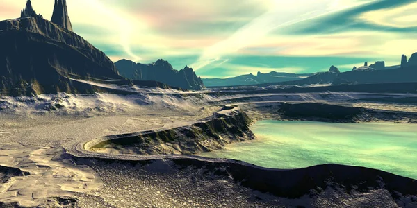 Fantasie Außerirdischer Planet Berg Und Wasser Illustration — Stockfoto