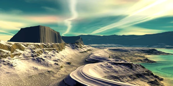 Fantasie Buitenaardse Planeet Berg Water Illustratie — Stockfoto