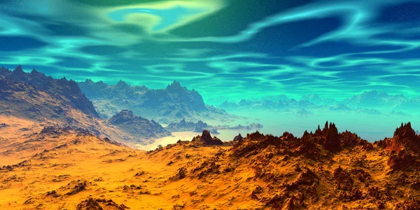 stock image Fantasy alien planet. Mountain and water. 3D illustration