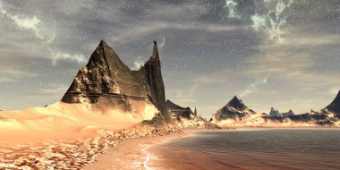 Fantezi uzaylı gezegenine. Dağ ve su. 3D render 