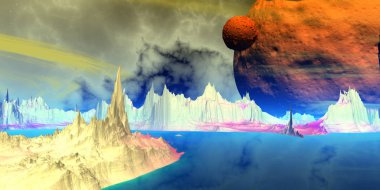 Fantezi uzaylı gezegenine. Dağ ve su. 3D render 