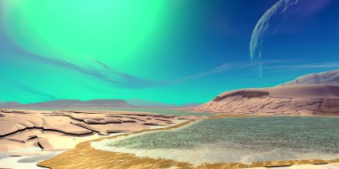 Fantezi uzaylı gezegenine. Dağ ve su. 3D render 