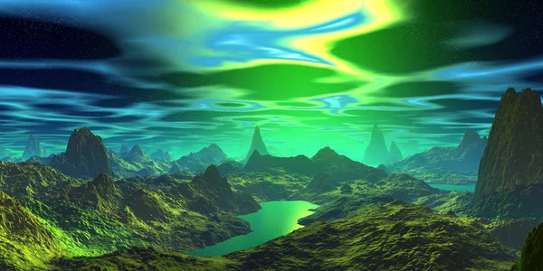 Fantasy Främmande Planet Berg Och Vatten Rendering — Stockfoto