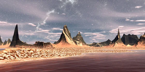 Εξωγήινο Πλανήτη Φαντασίας Βουνό Και Νερό Rendering — Φωτογραφία Αρχείου