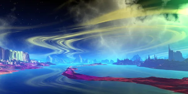 Фантазия Инопланетной Планеты Гора Вода Рендеринг — стоковое фото