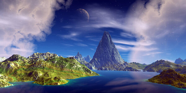 Fantasy alien planet. Mountain and water. 3D rendering