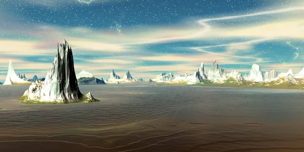 Фантазія Інопланетної Планети Гора Вода Візуалізація — стокове фото