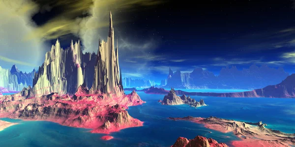 Fantezi uzaylı gezegenine. Dağ ve su. 3D render 