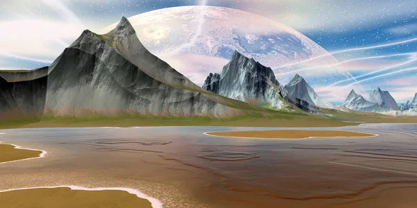 Fantasía Planeta Alienígena Montaña Agua Renderizado — Foto de Stock