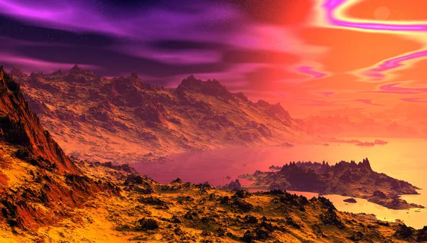 ファンタジー エイリアンの惑星 山と水 レンダリング — ストック写真