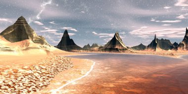 Fantezi uzaylı gezegenine. Dağ ve su. 3D çizim