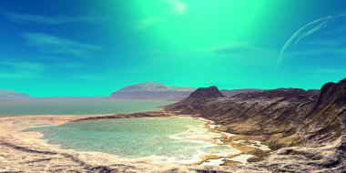 Fantezi uzaylı gezegenine. Dağ ve su. 3D çizim