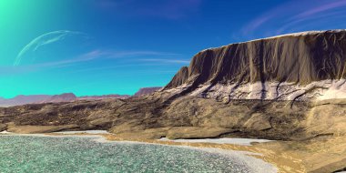Fantezi uzaylı gezegenine. Dağ ve su. 3D çizim