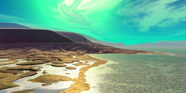 Fantezi uzaylı gezegenine. Dağ ve su. 3D çizim