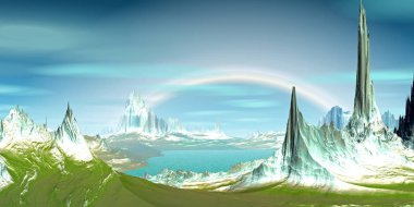 Fantezi uzaylı gezegenine. Dağ ve su. 3D çizim