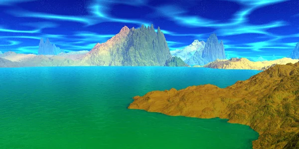 Fantasy alien planet. Mountain and water. 3D illustration