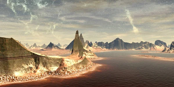 Fantasy alien planet. Mountain and water. 3D illustration