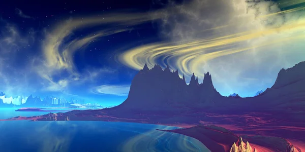 Planeta Extraterestră Fantastică Munte Apă Ilustrație — Fotografie, imagine de stoc