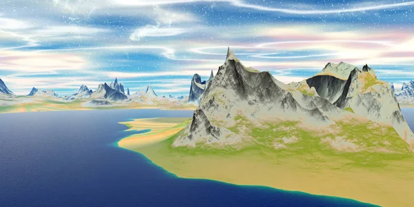 Fantezi Uzaylı Gezegenine Dağ Çizim — Stok fotoğraf