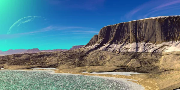 Fantasie Außerirdischer Planet Berg Und Wasser Illustration — Stockfoto