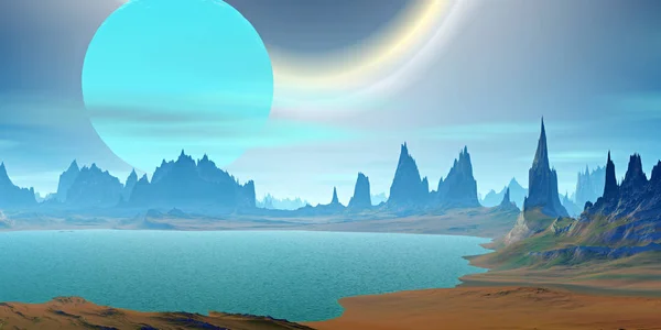 Fantasy Alien Planet Mountain Water Illustration — Stock Photo, Image