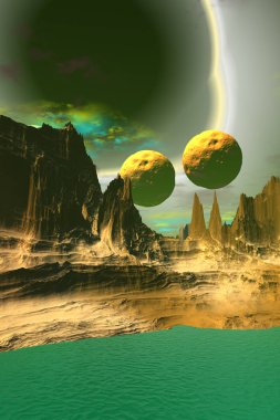 Fantezi uzaylı gezegenine. Dağ ve su. 3D çizim