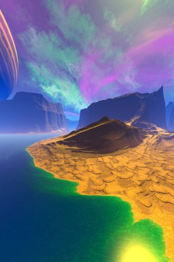 Fantezi uzaylı gezegenine. Dağ ve su. 3D çizim