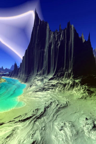 Фантазия Инопланетной Планеты Гора Вода Иллюстрация — стоковое фото