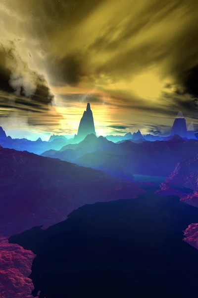 Fantasía Planeta Alienígena Montaña Agua Ilustración — Foto de Stock