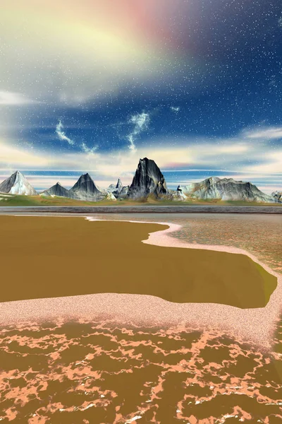 Fantasie Buitenaardse Planeet Berg Water Illustratie — Stockfoto